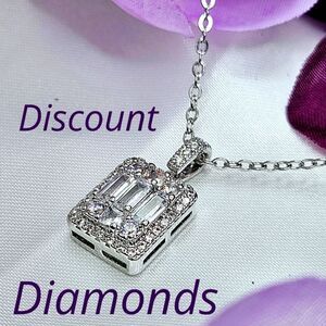 Clear White Halo Diamond & Baguette Diamond Pendant Necklace on 925 Silver